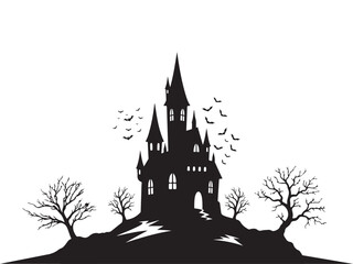 Silhouette of a haunted castle with bats and bare trees