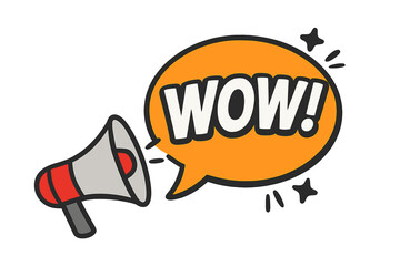 Vibrant Wow Word Megaphone Speech Bubble Banner Vector Illustration, Cartoon Comic Style Exclamation, Announcement, Message Template, Isolated Transparent Background, Pop Art Graphic Concept