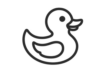 Rubber duck outline icon. Simple bath toy duck line art. Minimalist ducky vector illustration. Baby shower symbol. Nursery animal design. Child bathtub accessory. Playful water bird graphic.