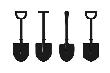 Vector set of construction and gardening shovels, four types in silhouette, isolated icons, spades with round, square, pointed blades, ergonomic handles, black tools, digging equipment illustration