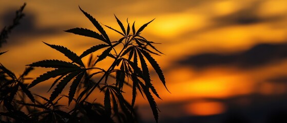 The Cannabis Leaves Silhouetted Against a Vibrant Orange Sunset Sky