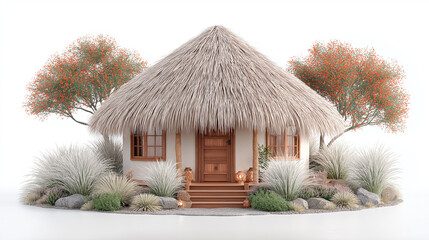 Tropical Round Bamboo Hut with Palm Trees