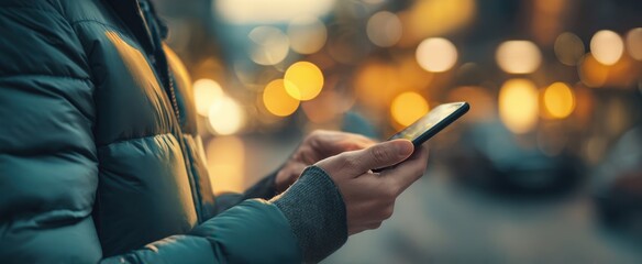 The smartphone user in an illuminated cityscape enjoying a lively evening.
