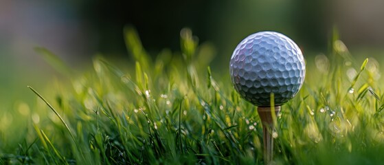 The golf ball on wooden tee in dewy grass with soft morning bokeh