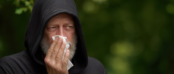The hooded man holding a tissue to his face outdoors in natural light