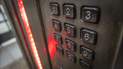 underground bunkers ww3 Elevator control panel with buttons and illuminated indicators in a modern setting.