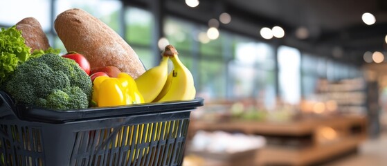 The shopping basket overflowing with fresh produce, bread, and vibrant vegetables in supermarket
