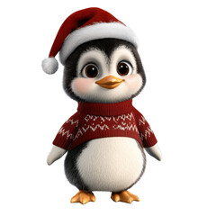 Fototapeta premium Cute cartoon penguin character wearing a Christmas sweater and Santa hat, ready to celebrate the holiday season with joytransparent background