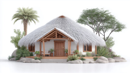Rustic round hut with tropical thatched roofing