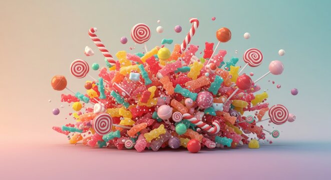 Candy explosion background, lollipops and gummy bears floating 