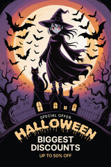 halloween background with witch and pumpkin