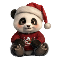 Cute panda character in festive Christmas attire with Santa hat and joyful expression ready for holiday celebrationtransparent background