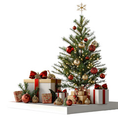 Festive Christmas Tree with Ornaments and Gifts, Holiday Decoration, Modern Holiday Cheer, Warm Atmospheretransparent background