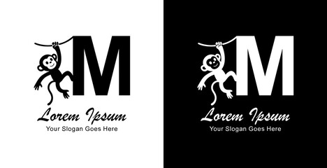 The logo design of a monkey hanging combined with the letter M