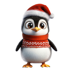 Fototapeta premium Cute cartoon penguin wearing a red Christmas hat and sweater ready to celebrate holiday season with joy and cheertransparent background