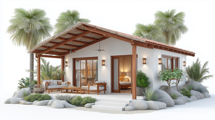 Eco-friendly palm hut surrounded by green landscape