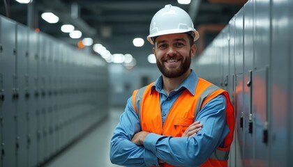 Man wearing hard hat and hi-vis vest smiles with crossed arms. He stands in a server room with rows of electrical cabinets. Professional engineer works on tech equipment.