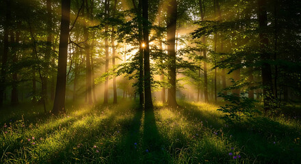 Naklejka premium Sunlight streaming through a dense forest illuminating the trees and the grassy ground below ai generated