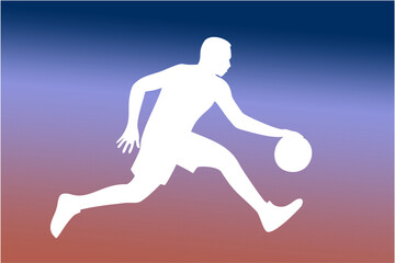 Silhouette of a basketball player dribbling the ball quickly.  a76.eps