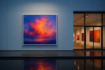 Abstract fiery sky painting displayed outside modern art gallery at night with interior view showing vivid artworks on white walls and reflective wet ground. Ai generative