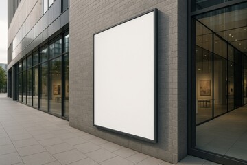 Blank vertical billboard on modern gray brick wall outside glass building with gallery interior, perfect for advertisement mockup or signage display. Ai generative
