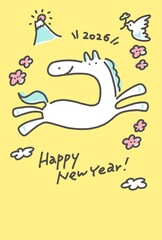 笑顔で飛ぶ白馬のポップでかわいい年賀状　2026 パステルカラー　正月素材