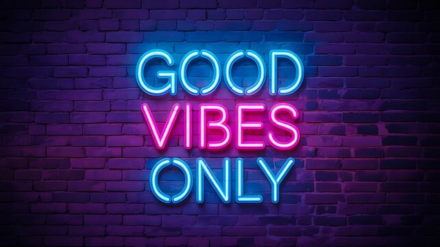 Neon good vibes only glowing motivational sign on dark brick wall background
