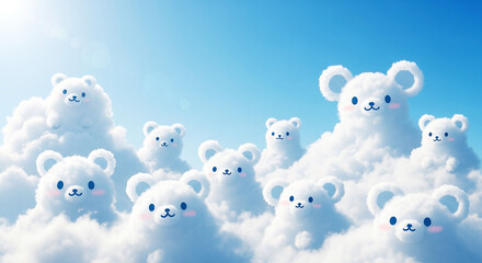 Adorable fluffy cloud bears floating in a dreamy blue sky, whimsical cartoon characters made of soft white clouds with cute faces.