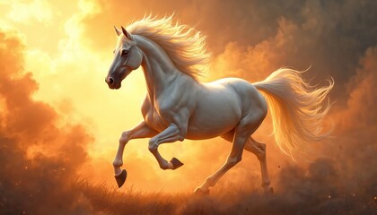 White horse gallops through fiery clouds with mane flowing. Majestic creature in dynamic motion against dramatic sunset sky. Symbol of power speed and freedom.