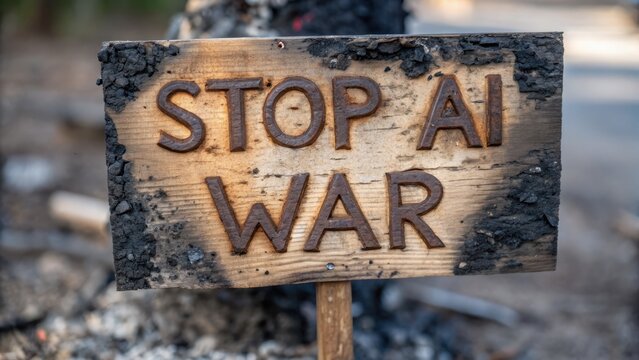 Wooden sign displaying a message urging to stop AI-related conflicts. - Powered by Adobe