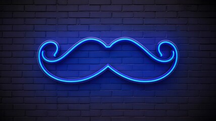 Neon mustache glowing blue light sign on dark brick wall background
