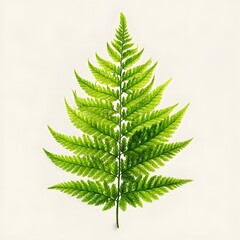 Detailed botanical illustration showcases a vibrant, symmetrical fern frond with intricate details, set against a clean, neutral background, highlighting the lush green hues and natural textures.