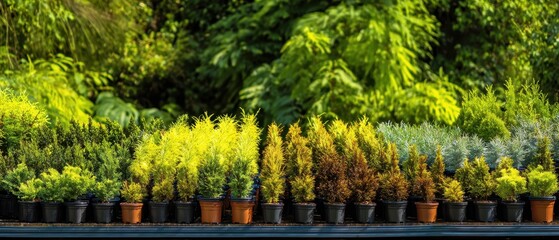 The Potted Shrubs Lined on a Sunlit Bench in a Nursery