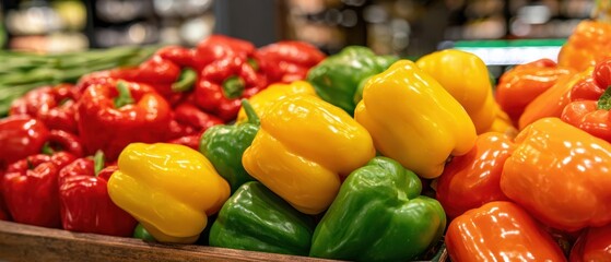 The Bell Peppers Displayed in a Colorful Market Produce Stand with Glossy Texture