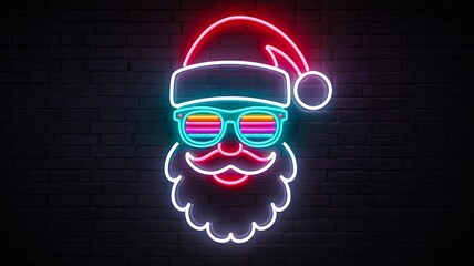 Neon santa face glowing christmas sign with colorful lights on dark brick wall background
