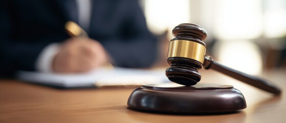 The Gavel on Wooden Block with Blurred Judge Writing Legal Documents in Background