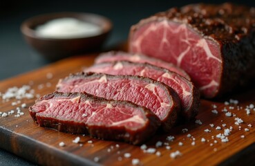 Sliced dry aged wagyu entrecote beef steak seasoned with salt and spice on wooden cutting board. Delicious rare red meat, juicy and marbled, ready for serving or cooking.