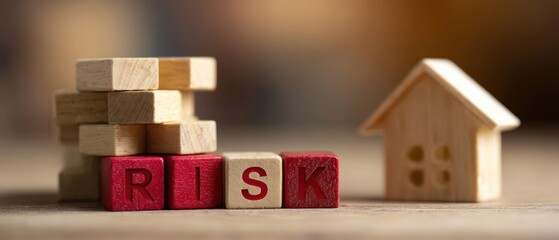 The wooden RISK blocks next to stacked blocks and a small wooden house