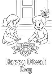 Coloring book kids making rangoli together with flowers and patterns Happy Diwali Day