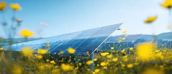 The Solar Panels in a Sunny Flower Meadow Generating Clean Renewable Energy for Nature