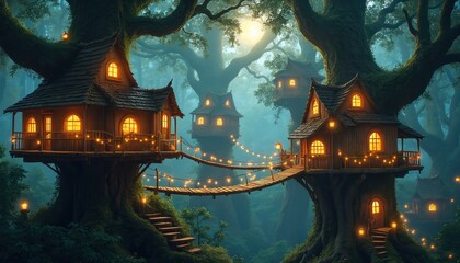 Obraz premium Magical forest village features cozy treehouses connected by glowing bridges. Lights illuminate wooden homes nestled in large ancient trees. Peaceful nature scene with whimsical architecture,