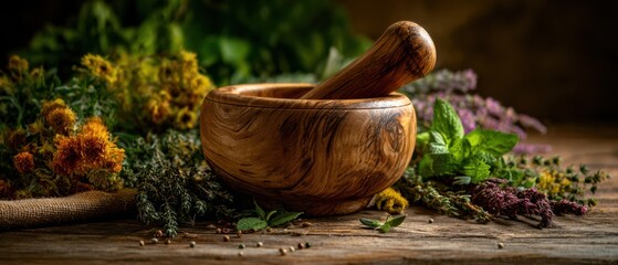 The mortar and pestle nestled among fresh herbs on a rustic wooden table