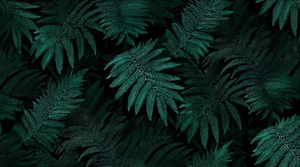 Detailed dark green fern leaves fill the frame, creating a lush and textured pattern against a black backdrop, forming an appealing, organic composition and showcasing botanical elements with a rich