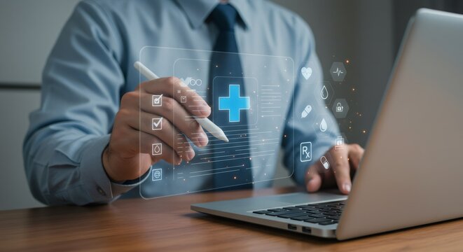 Hands Holding Pen Pointing to a Digital Plus Sign Overlaying a Silver Laptop on a Wooden Table in Soft Lighting