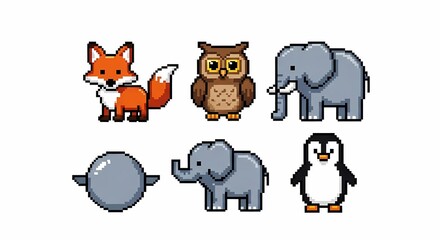 Cute Pixel Art Animals Collection Fox Owl Elephant Penguin Sphere Perfect for Games Apps