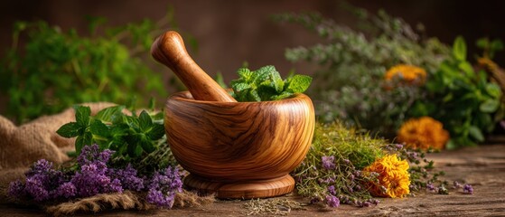 The Wooden Mortar and Pestle Surrounded by Fresh Herbs and Wild Flowers