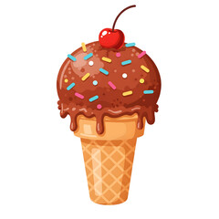 Chocolate ice cream cone with sprinkles and a cherry
