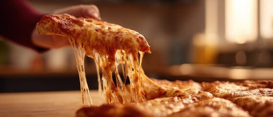 The Pizza Slice with Stretching Cheese Being Lifted from a Hot Wooden Table