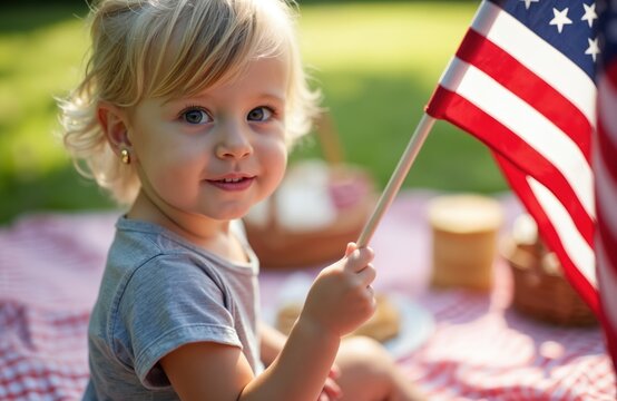 Young kid holds USA flag on 4th july picnic at meadow. Cute child celebrates Independence day at summer. Girl looks happy. National holiday celebration. Patriotism concept. Flag waving.
