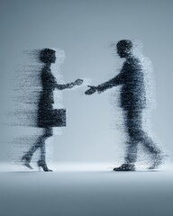 Business partners exchanging digital signatures projected in holographic light, symbolizing secure agreements.